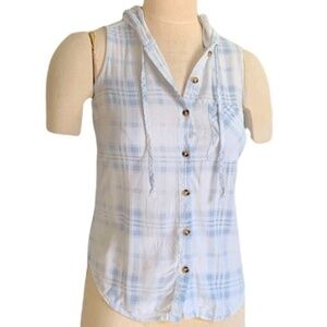 Polly Esther Plaid Hooded Sleeveless Button Front Blouse XS Top #232B
